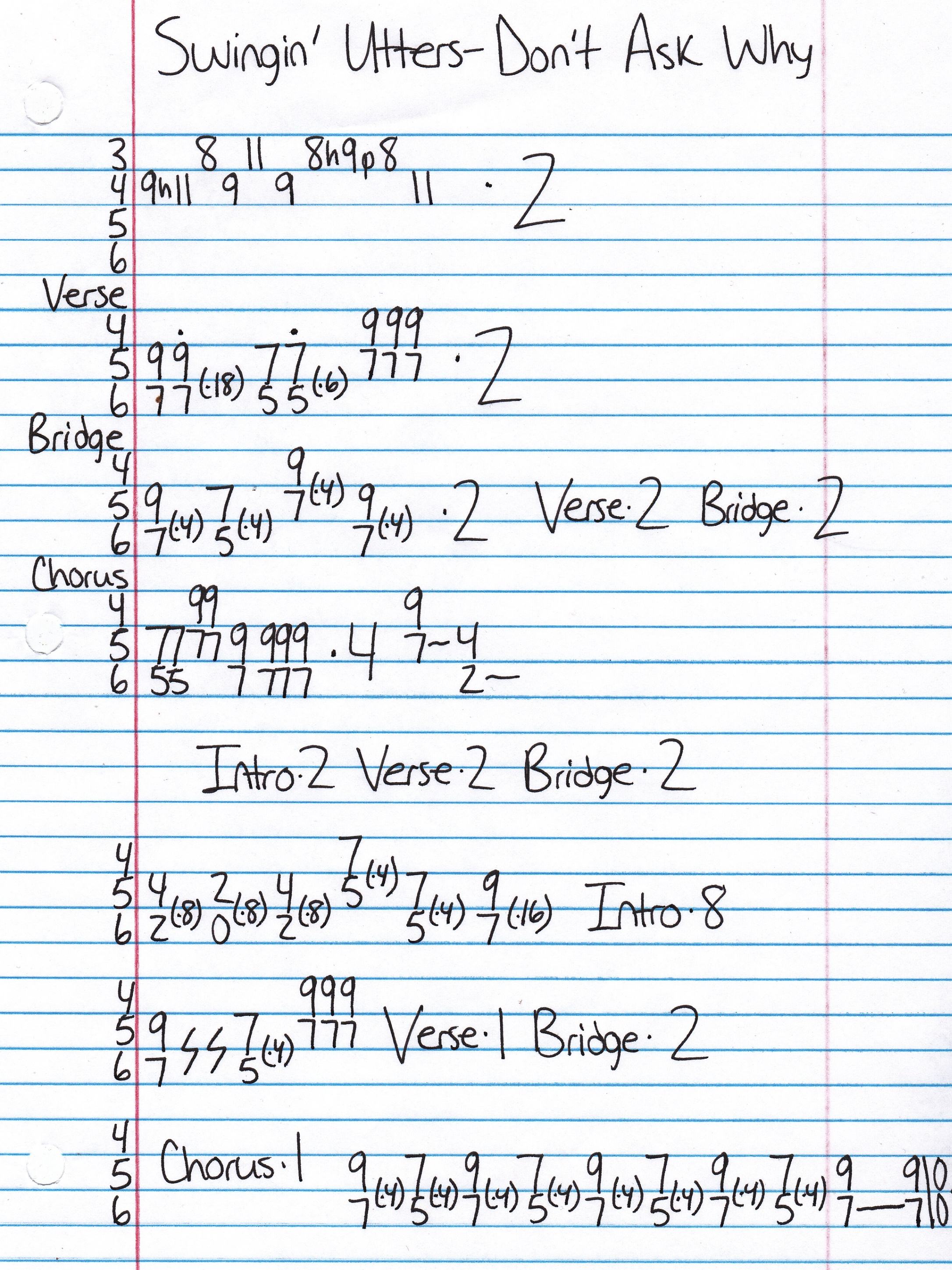 High quality guitar tab for Don't Ask Why by Swingin' Utters off of the album Dead Flowers, Bottles, Bluegrass, and Bones. ***Complete and accurate guitar tab!***